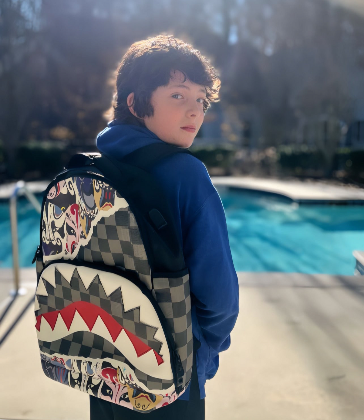Graffiti shark leather backpack w/USB port