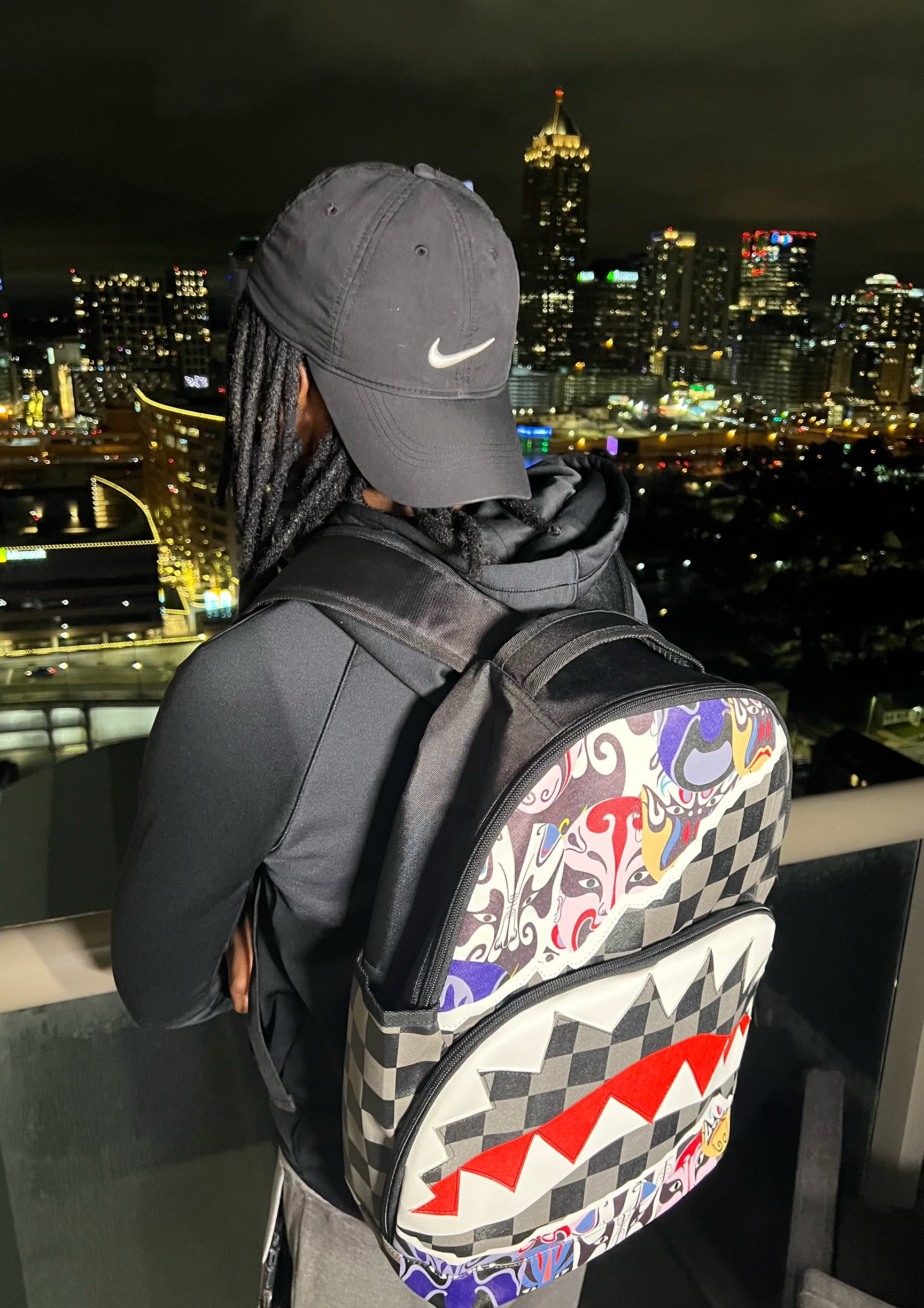 Graffiti shark leather backpack w/USB port