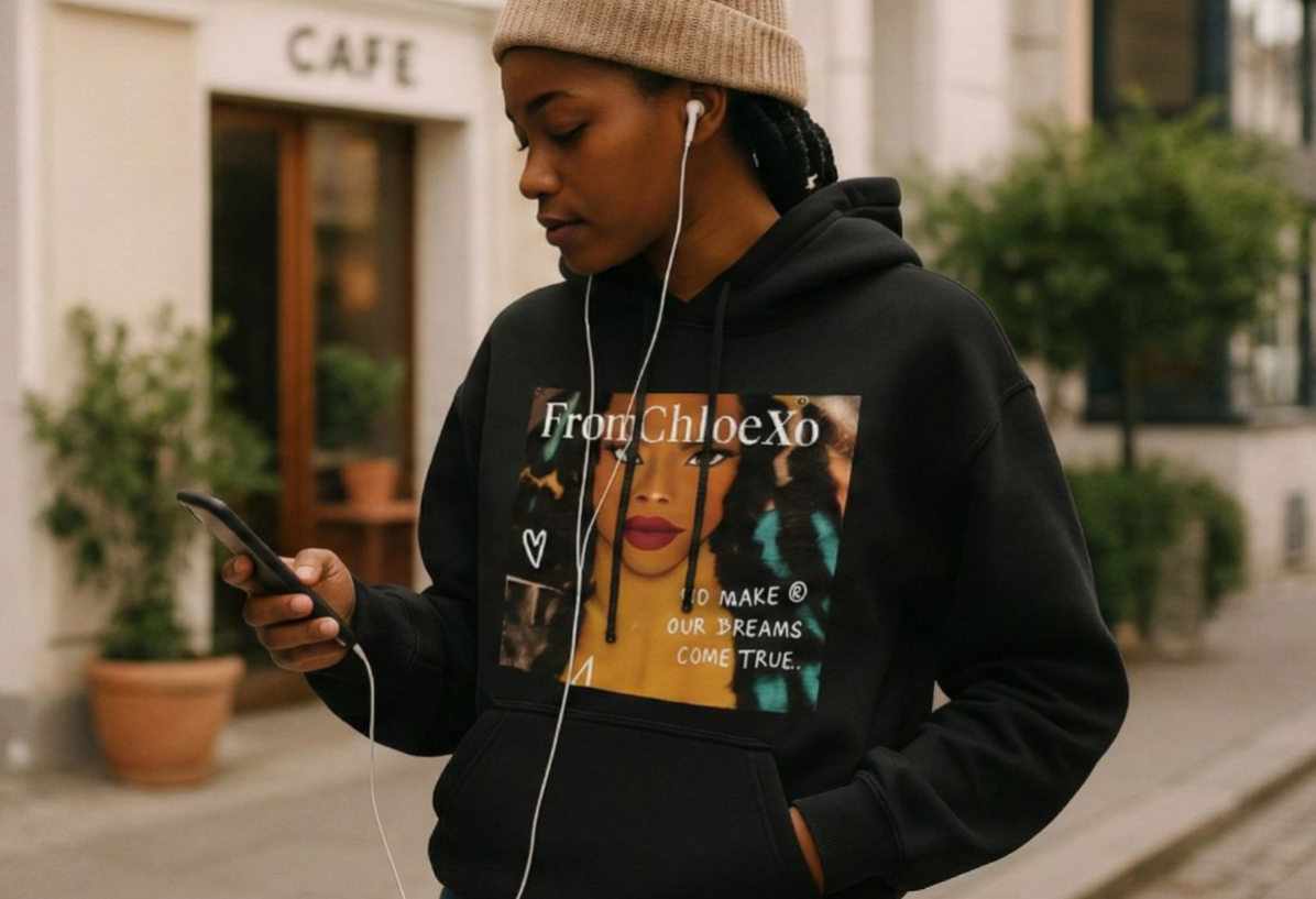 Person wearing a hoodie with a graphic design, standing outdoors near a cafe.